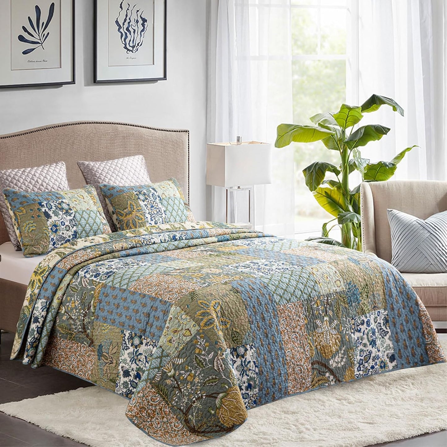 YAYIDAY Quilts Queen Size Patchwork Bedspread - 100% Cotton Reversible Breathable Green Leaves Quilted Quilt with Pillow Shams for All Seasons