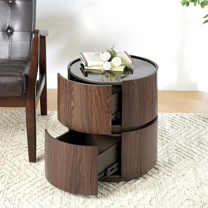 WILLIAMSPACE 15.75" Round Small Coffee Table with Double Storage Drawers & Tempered Glass Top, Modern Accent Side Table Retro Style End Sofa Table for Living Room Apartment, Black+Brown
