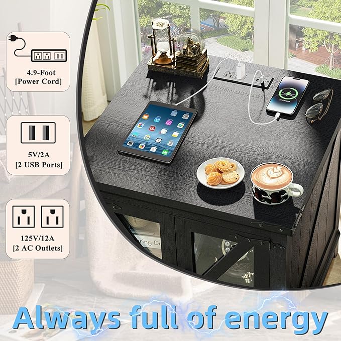 Farmhouse End Table Set of 2,24" Large Sofa Side Table with Charging Station Glass Barn Door,Wood Nightstand with Adjustable Storage Shelf,Square Bedside Table for Living Room,Bedroom,Office-Black