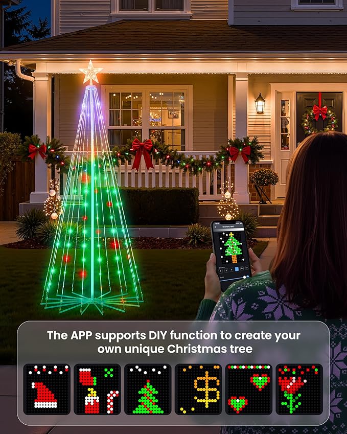Smart Christmas Cone Tree LED Light, 6ft 265 LED Music Sync with Remote APP and Local Control, Pattern and Text Displayable, 16 Million Colors LED Light Show Tree for Indoor Outdoor Decorations