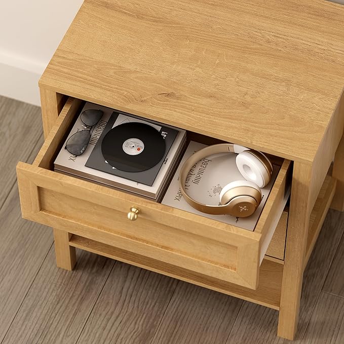 End Tables Set of 2 with 2 Drawers, Farmhouse Nightstand with Open Shelf, Modern Bedside Cabinet Side Table Night Stand for Bedroom, Living Room, Natural Oak