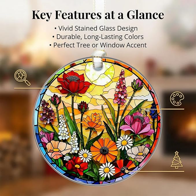 Floral Christmas Ornaments 2025, Stained Glass Christmas Tree Decorations, Exchange for Women, Men, Collectible Dated Year Ornaments for Tree - Glass Hanging Ornament