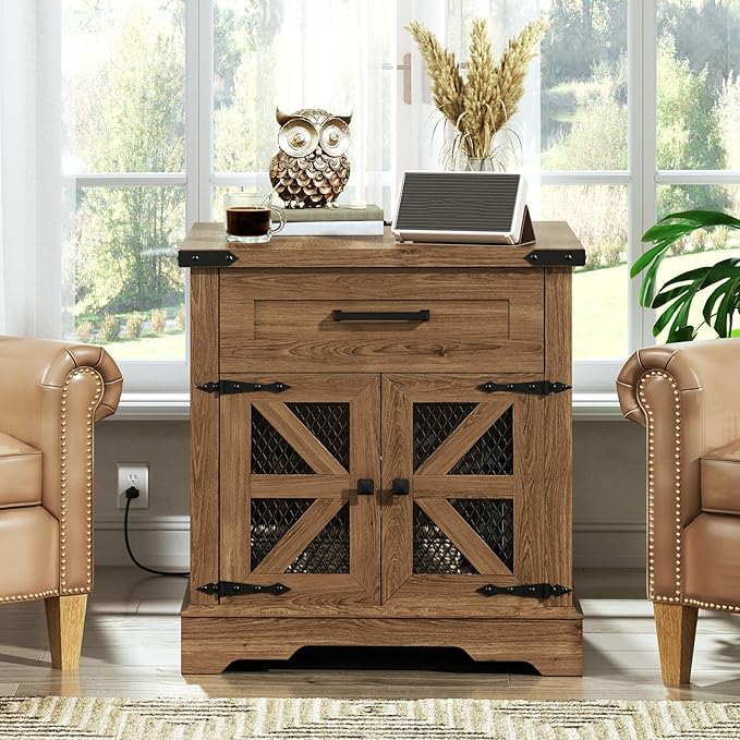 Walnut Farmhouse End Table with Charging Station, 24" Large Sofa Side Table with Drawer, Large End Table for Living Room, Wooden Nightstand with Outlet, Square, Walnut