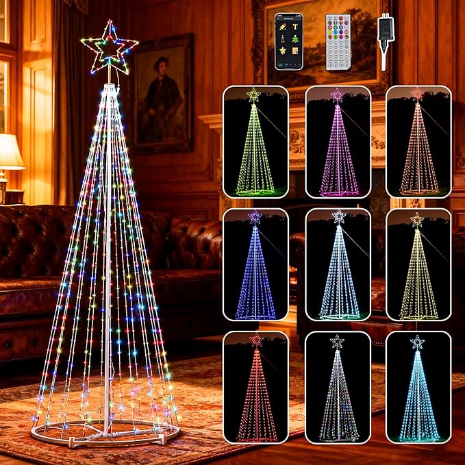12Ft RGB Outdoor Lighted Christmas Tree Lights Cone Tall Star Topped Artificial Christmas Trees Outside Decor for Xmas New Year Holiday