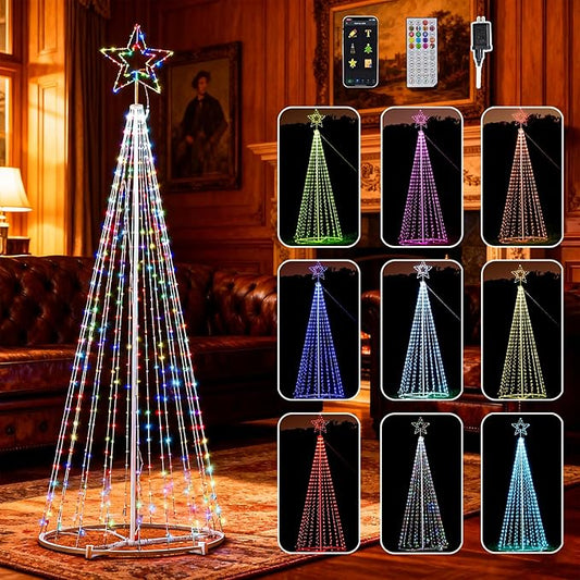 12Ft RGB Outdoor Lighted Christmas Tree Lights Cone Tall Star Topped Artificial Christmas Trees Outside Decor for Xmas New Year Holiday