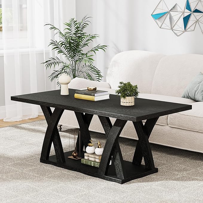 47” Farmhouse Coffee Tables for Living Room Rustic Stands with Storage Shelf Black Coffee Tables for Living Room Farmhouse Center Stands with Shelf Wood Rectangle Center Table