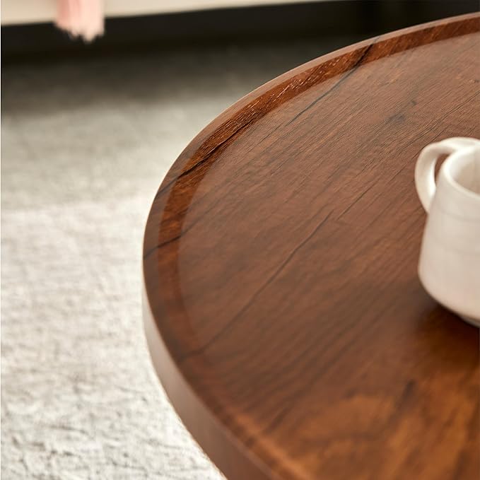 Saint Mossi Modern Coffee Table for Living Room, Mid-Century Round Wood Coffee Table, 2-Tier Center Table for Small Space, Espresso Wood Top and Brown Glass, W31xH15