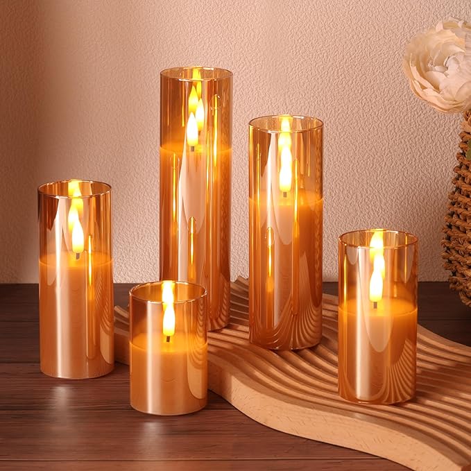 Gold Glass Flameless Candles with Remote Batteries, Flickering Slim LED Pillar Candles Christmas Holiday Decor Set of 5