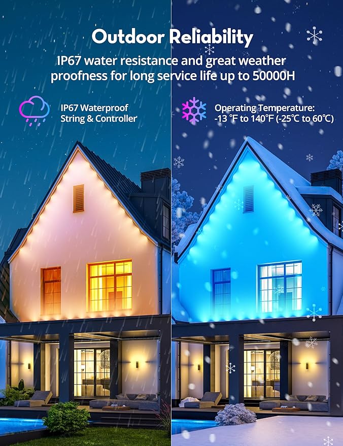 RGB+IC Permanent Outdoor Lights, 100Ft Smart Eave Lights, String Lights, IP67 Waterproof for House Garden Christmas Decor Birthday Gift with Alexa, Google Assistant APP/Remote Control