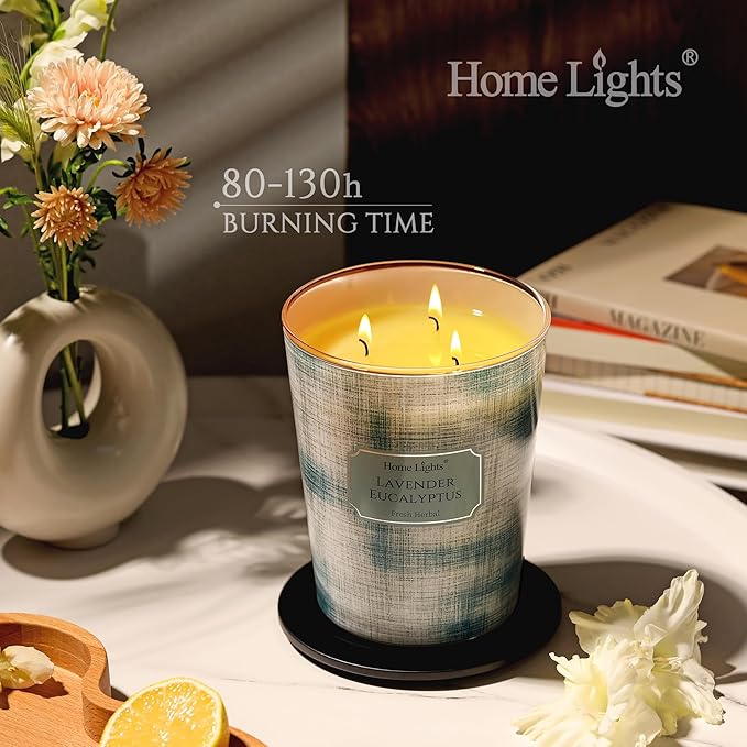 HomeLights 3-Wick Candles for Home Scented - 34oz Soy Wax Blend Candle Long-Lasting Fragrance, Scandinavian Minimalist Design Home Decor and Housewarming Gifts, Lavender Eucalyptus
