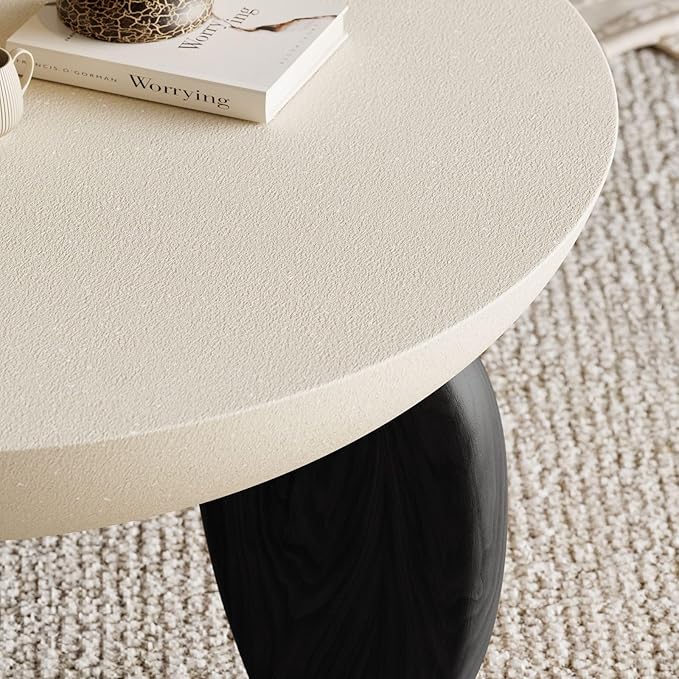 homary Round Concrete Coffee Table with Premium Walnut Ash Wood Legs, Modern Minimalist Cement Finish Center Table for Living Room (Black, 29.9" W x 29.9" D x 14.4" H)