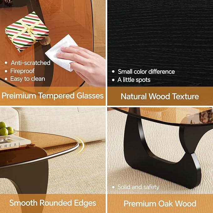 Coffee Tables Glass Small Farmhouse Coffee Table Mid-Century Modern Wood Center Table for Living Room, Black Brown, 44 Inch