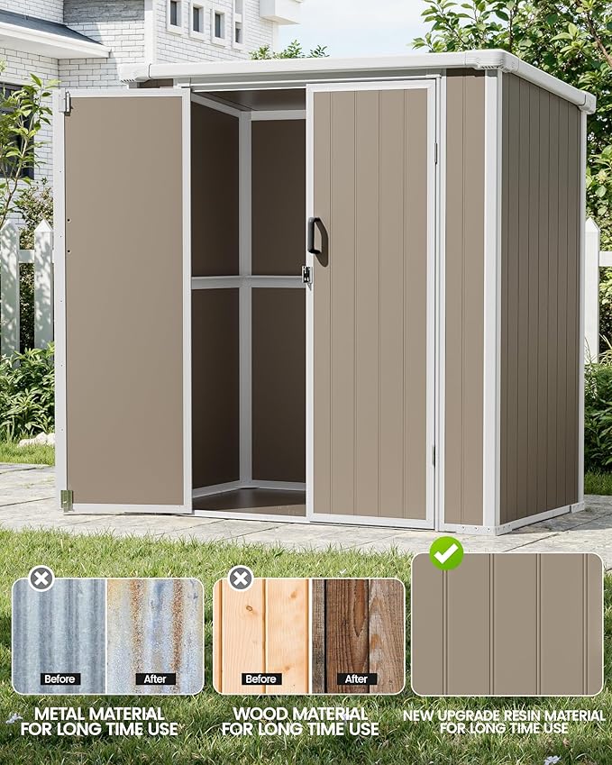 5x3 Resin Garden Sheds & Outdoor Storage on Clearance, Weather-Resistant Plastic Shed with Floor and Lockable Door for Garden Tools, Lawn Mower, Bike, Backyard Organization, Warm Gray