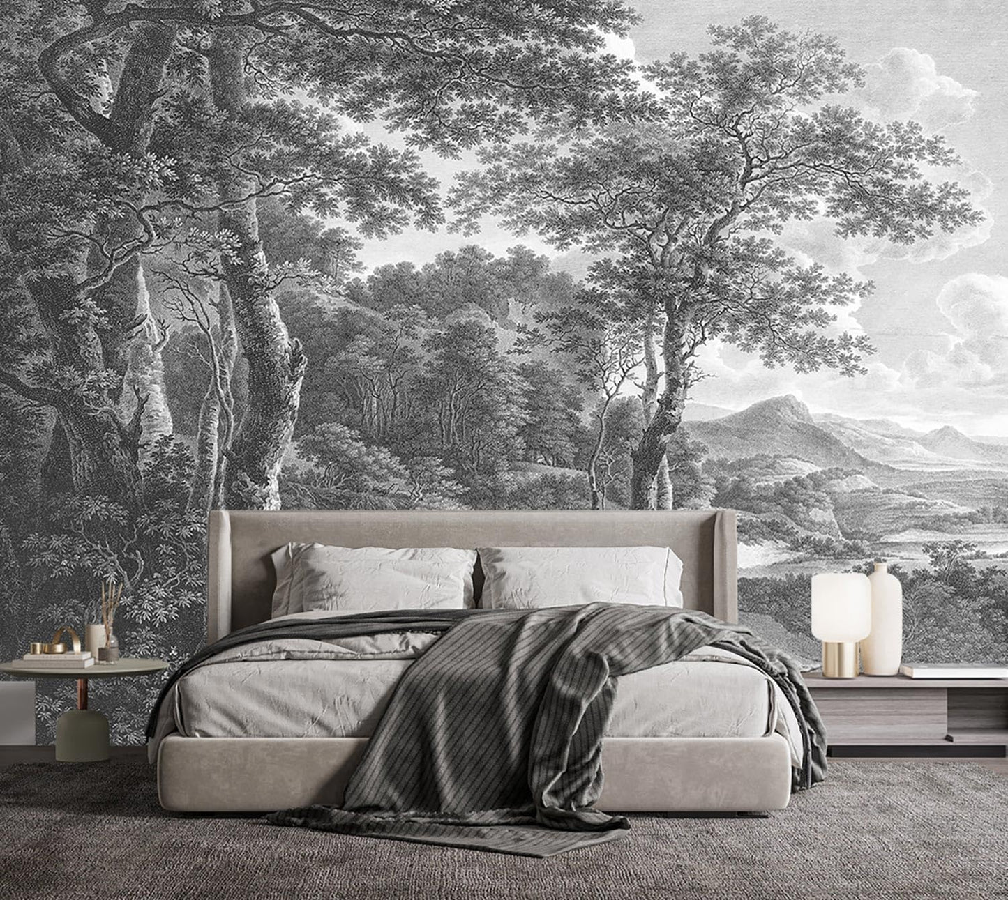 -Vintage Forest Fabric Wallpaper Grey Tree Mural Living Room 180" x 115" (Not Peel and Stick)