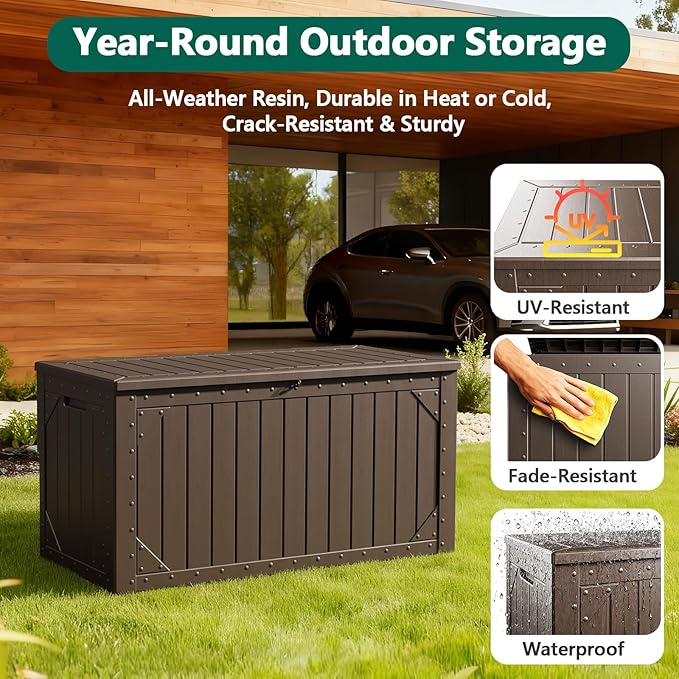 Outdoor Storage Box, 100 Gallon Deck Box Outdoor Storage Bench Outside Waterproof Resin Storage Bench, Lockable Patio Cushions, Garden Tools Storage For Furniture, UV Resistant (Brown)