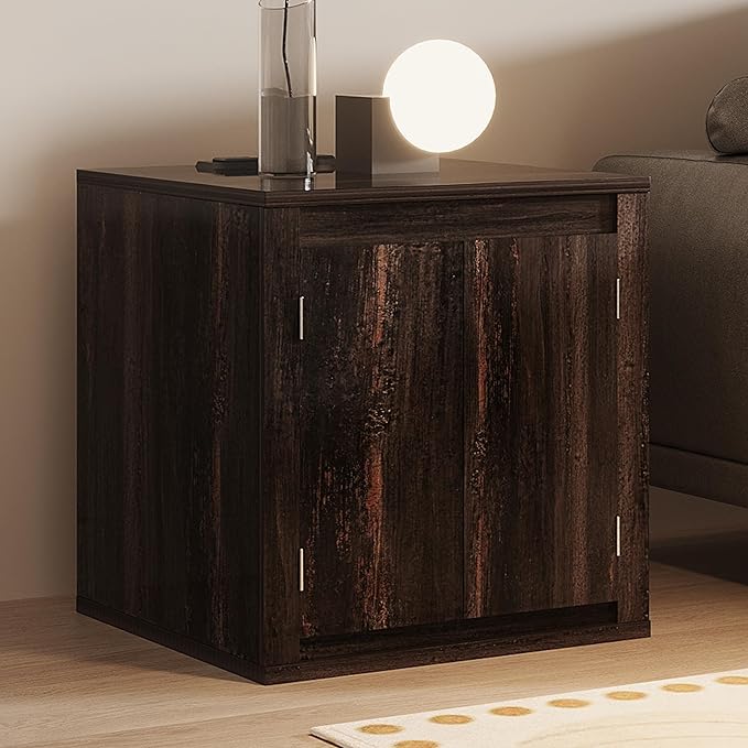MINCETA End Table with Charging Station and USB Ports, Modern Bedside Table with Door, Rustic Wood Square Nightstand with Adjustable Storage Shelf for Living Room, Bedroom, Espresso