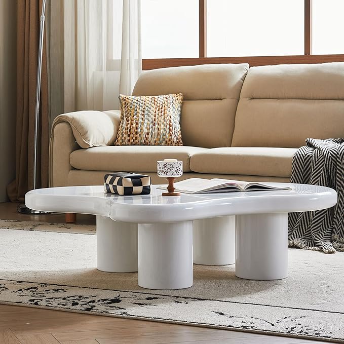 48 Inch Cloud Coffee Table, Modern White Coffee Table for Living Room, Large Wood Coffee Side Table with Irregular Tabletop and 4 Sturdy Legs for Home Office Bedroom