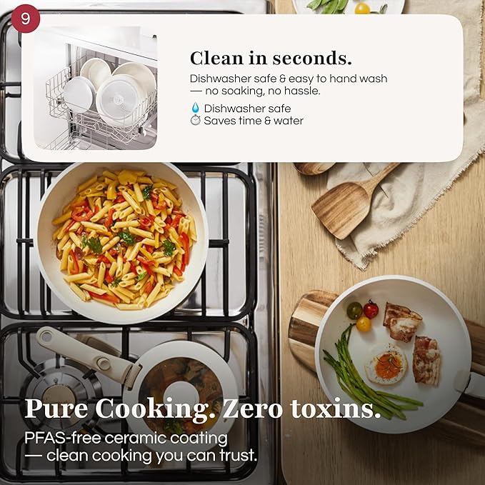 GOURMETIFIC® Pots and Pans Cookware Set [11 PIECES] - Non Toxic Ceramic Coated Cooking Ware - Induction, Gas & Oven Kitchenware - Non Stick Pot & Pan with Removable Handles & Stackable (Taupe)