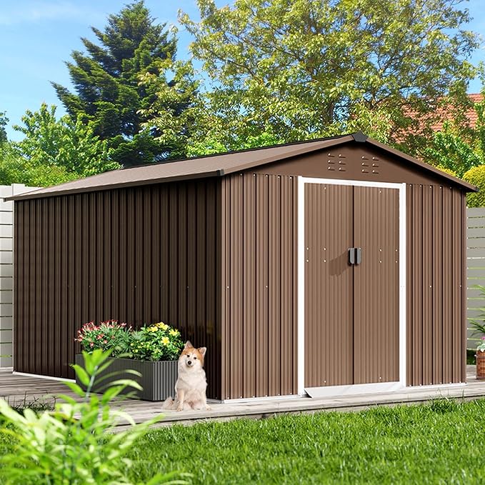8X15 Ft Outdoor Metal Storage Shed with Roof, Weatherproof Steel Tool Shed with Lockable Door for Lawn Mower, Bike & Garden Equipment Storage