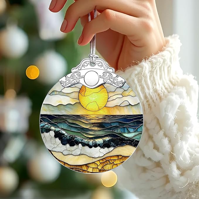 Beach Sunset Stained Glass Ornament, Christmas Ornaments – Christmas Tree Decorations, Holiday Decor, Stocking Stuffer, Gift Idea, Summer Vibes Gift, Gifts for Beach Lover, Friend, and Faimly