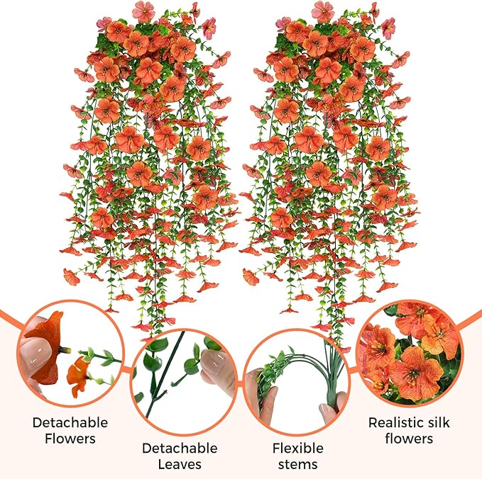 2PCS Artificial Hanging Fall Flowers for Outdoors Decorations, Orange Realistic Faux Silk Daisy with Eucalyptus, UV Resistant Fake Mums for Autumn Home Decor Patio Porch Window Box Front Door