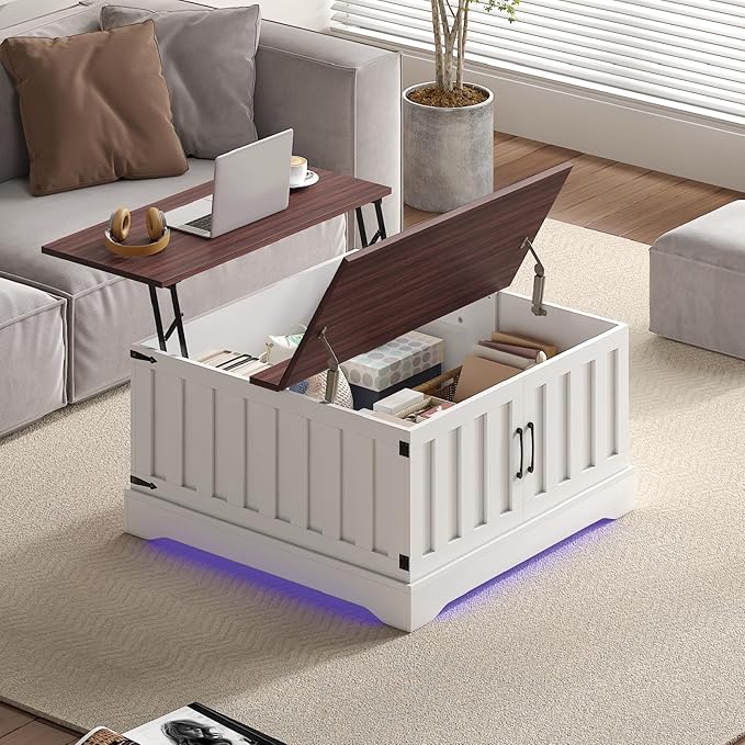 Square Lift Top Coffee Table with Storage, White Brown Led Coffee Table for Living Room with Large Hidden Storage, 30.7" Wood Table Led Center Table for Dining Reception Room