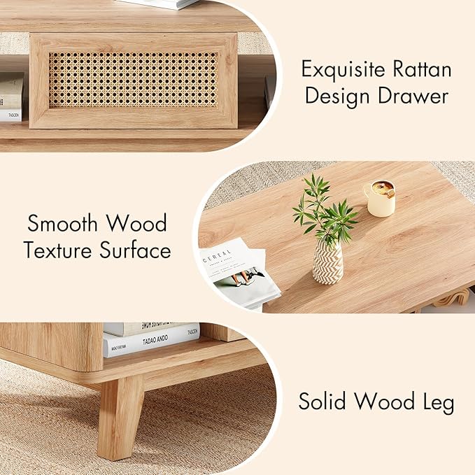 Soohow Coffee Table, Mid Century Living Room Tables with Storage, Modern Square with Rattan Drawer, Wooden Living Room Table with Solid Wood Leg