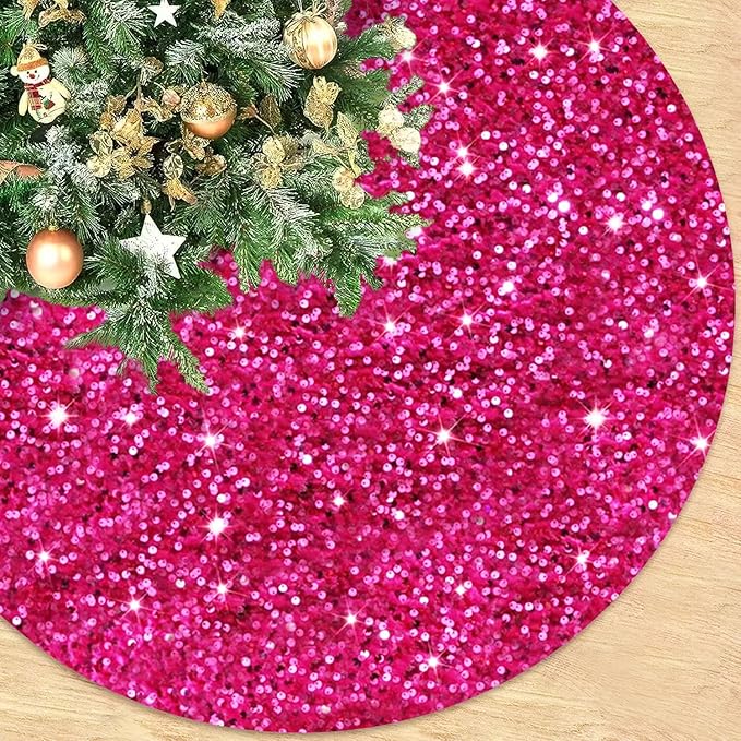 Large Christmas Tree Skirt 60 Inch Sequin Hot Pink Tree Skirt Sparkling Fabric Christmas Tree Mat Glitter Sparkle Xmas Tree Skirts Unique Glitter Xmas Tree Base Home Winter Holiday Display