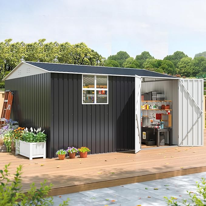 10x12 FT Outdoor Metal Storage Shed with Window, Large Lockable Metal Garden Tool Shed with Heavy-Duty Frame for Backyard, Patio, and Lawn, Black