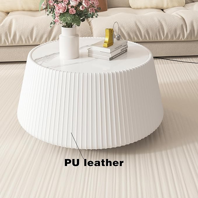 Round Living Room Table Set, 26.77" White Drum Center Table and 19.68" White Coffee Table Set, 2 Pieces Coffee Table Set with Sintered Stone Tabletop, Fluted PU Leather Covered and StableBase