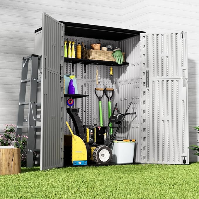 ZZM 57 Cu.ft Outdoor Storage Shed with Floor HDPE Double-Wall Resin Sheds Outdoor Storage, Lockable Weatherproof Storage Cabinet Fit for Garden Tools, Garage can, Bike, Patio Furniture, Grey