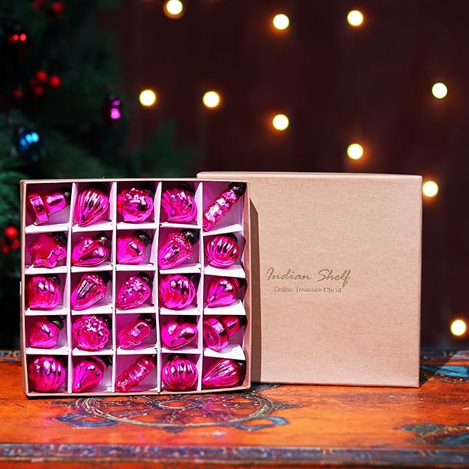 IndianShelf 50 Pieces Pink Glass Vintage Christmas Ornaments Mini Bulk Decorative Ornaments for Halloween, Christmas Tree, New Year, Valentine Day, Holidays, Event and Wedding (25 * 2 Boxes)