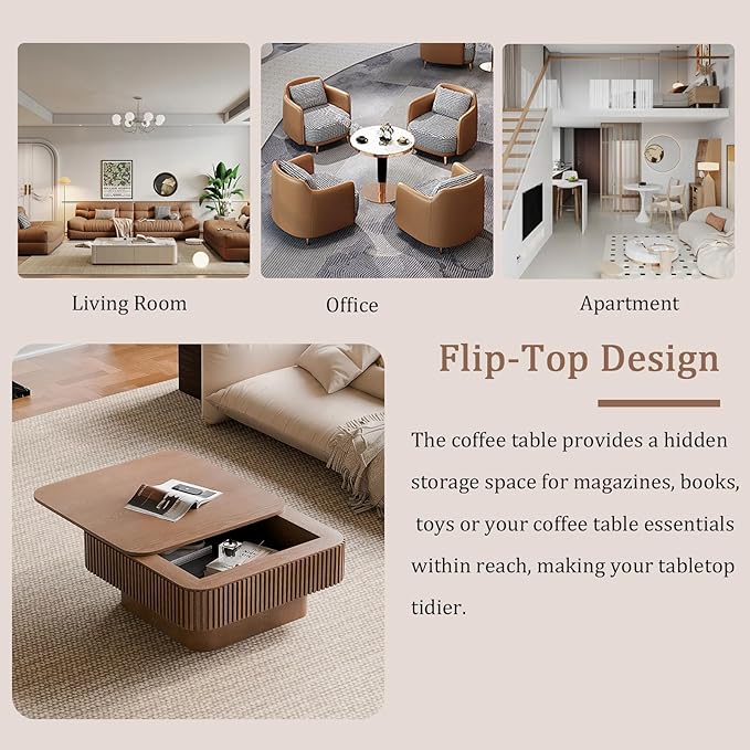 31.5" Square Coffee Table with Hidden Storage Compartment, Modern Handcraft Fluted Drum Coffee Table, Wooden Square Center Table Cocktail Tea Table with Sturdy Pedestal for Living Room,Walnut