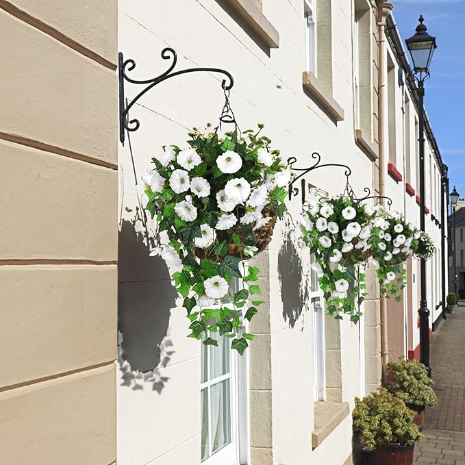 RECUTMS Artificial Fake Hanging Flowers Plants for Outdoor Decoration, 2 Pcs UV Resistant Faux Petunias Trailing Plants Realistic Flower Look Real for Door Wall Yard Porch Garden Planter (White)