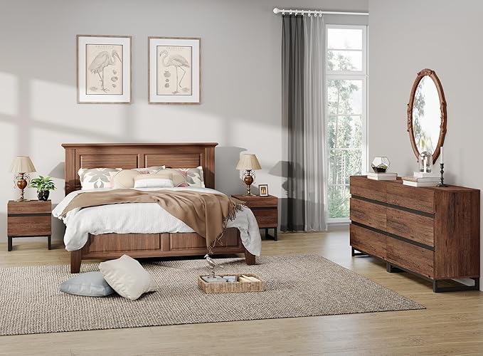 WAMPAT Modern End Table with 2 Drawers, Farmhouse Sofa Table, Wooden Rustic Side Sofa Table with Metal Leg for Living Room, Nighstand for Bedroom, Brown