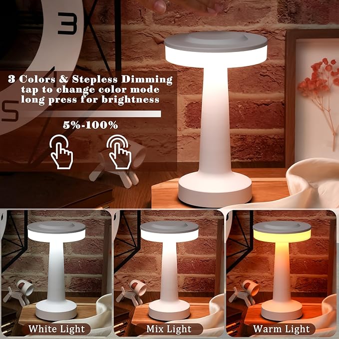 Riakrum 2 Pcs LED Portable Cordless Table Lamp with Touch Sensor 3 Color Stepless Dimming Rechargeable Battery up to 15 Hours Cordless Table Light Wireless Lamp for Nursery (White)