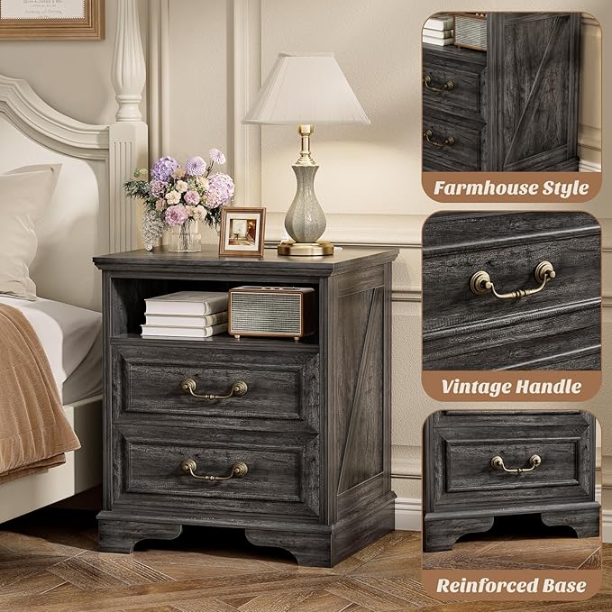 Unikito Farmhouse Nightstand with Charging Station, Bedside Table with 2 Large Drawers & Vintage Handles, Side Table with Open Storage for Bedroom Living Room Sofa Couch Office (Gray Oak)