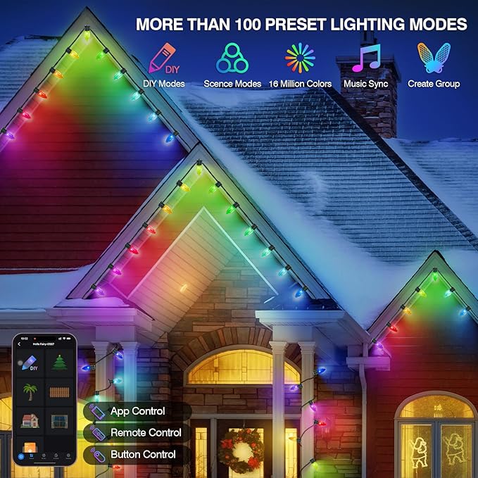 Smart C9 Christmas Lights Outdoor, 118FT 150LED RGB Color Changing String Lights, App&Remote Control, Music Sync, Connectable LED Christmas Tree Lights for Outdoor House Holiday Decoration