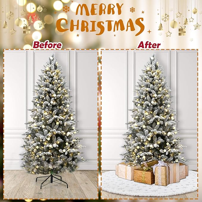 Christmas Tree Skirt 72 Inch, Silver Snowflake White Christmas Tree Decorations Indoor Sequin Tree Collar Faux Fur Plush Rug Xmas Large Mat Decor Ornaments for 7.5ft-13ft Tree