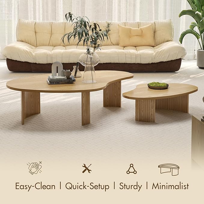 Set of 2 Boho Nesting Coffee Tables with Solid Fluted Wood Legs for Apartment, Oval Irregular Mango Shape Modular Center Tables for Living Room