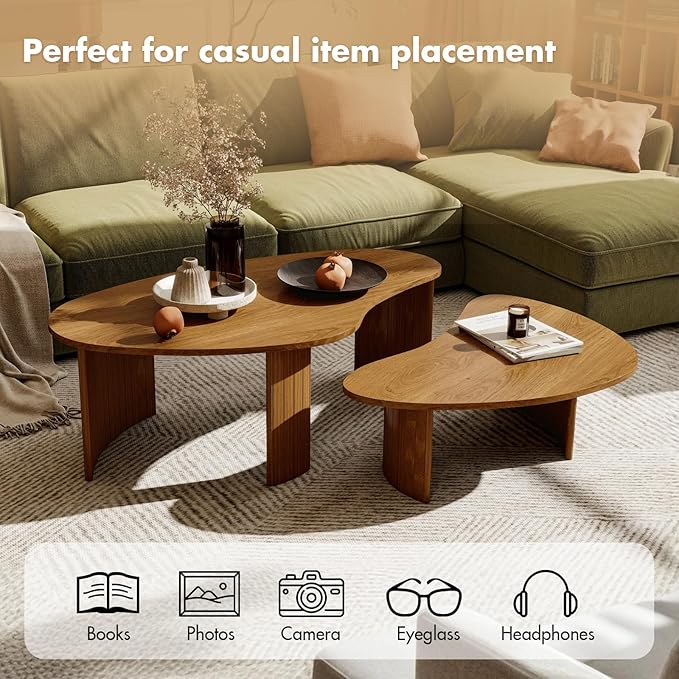 Mid Century Modern Coffee Table Set of 2, Nesting Coffee Tables with Wood Grain Veener, Fluted End Table for Living Room, Farmhouse, Walnut
