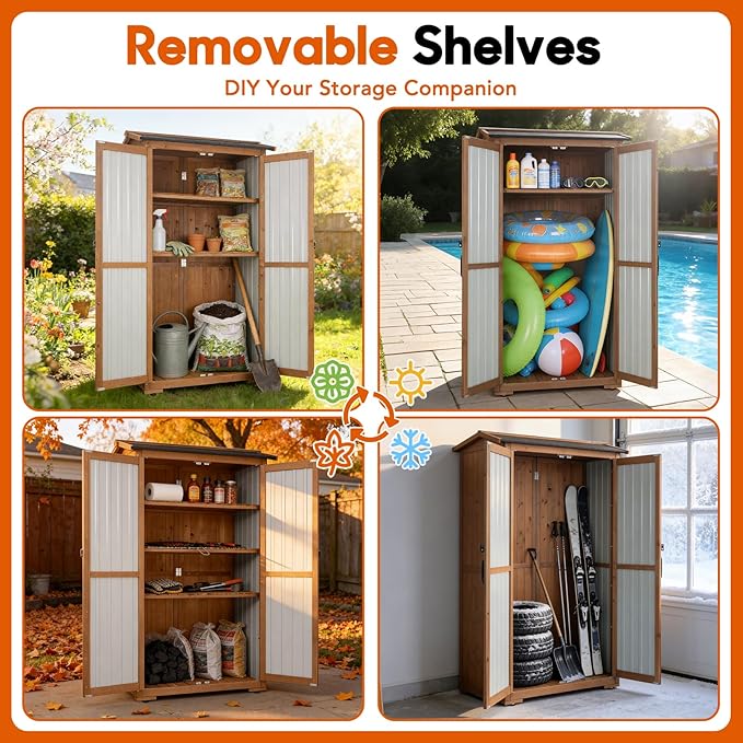 Outdoor Storage Cabinet, Wood & Metal Storage Shed with Weatherproof Roof, 3 Removable Shelves, Lockable Door, Adjustable Feet, Outside Storage Cabinet for Patio