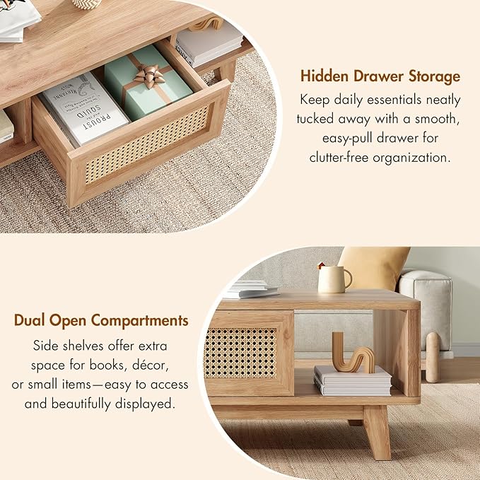 Soohow Coffee Table, Mid Century Living Room Tables with Storage, Modern Square with Rattan Drawer, Wooden Living Room Table with Solid Wood Leg