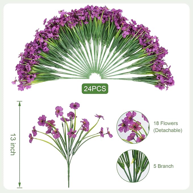 Artificial Flowers for Outdoor Faux Plants for Spring Summer Decoration, UV Resistant Realistic Silk Plastic Fake Flowers Garden Porch Patio Balcony Yard Front Home Decor, 24 Bundles