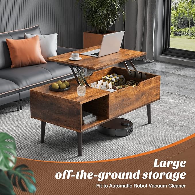 Sweetcrispy Lift Top Coffee Tables for Living Room, Small Rising Wooden Center Tables with Storage Shelf and Hidden Compartment, Brown