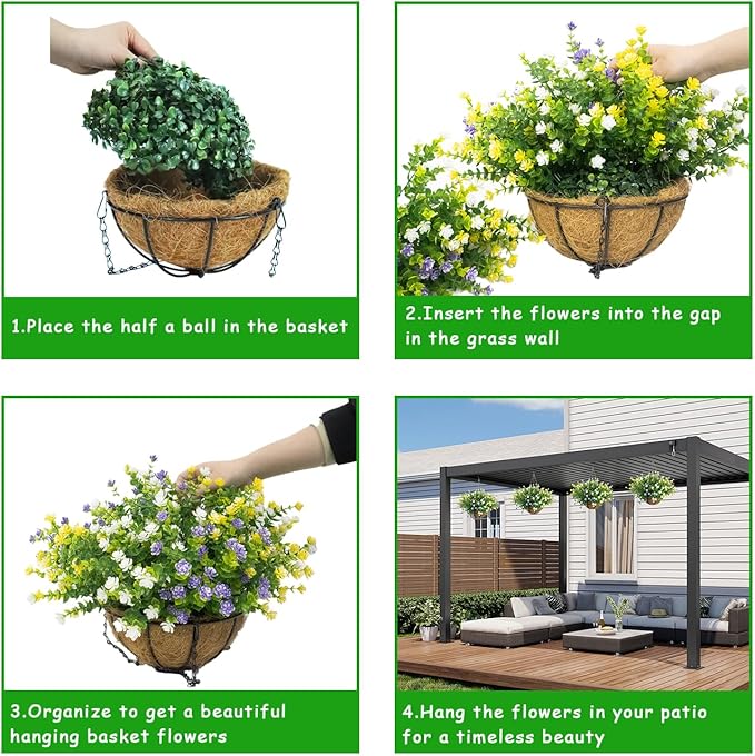 Artificial Hanging Plants Flowers with Basket 2 Packs, Faux Hanging Plants Outdoor, White+Pink+Yellow+Orange+Blue+Green&White+Pink+Yellow+Orange+Blue+Purple