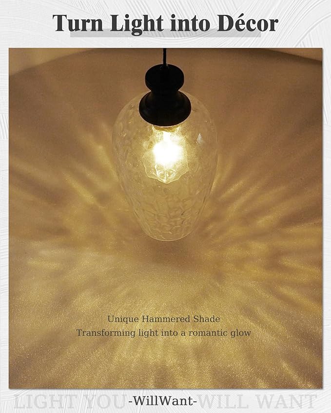 2-Pack Black Pendant Lights Kitchen Island, Modern Farmhouse Hanging Ceiling Lights with Hammered Glass for Dining Room Kitchen Sink