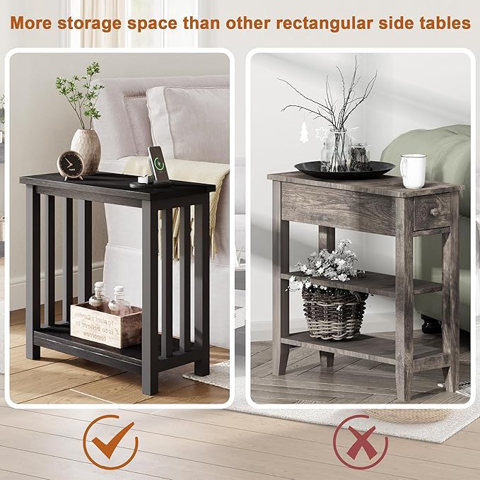 ChooChoo Black End Table for Small Spaces, Narrow Side Table, Night Stand with Storage Shelf for Living Room and Bedroom