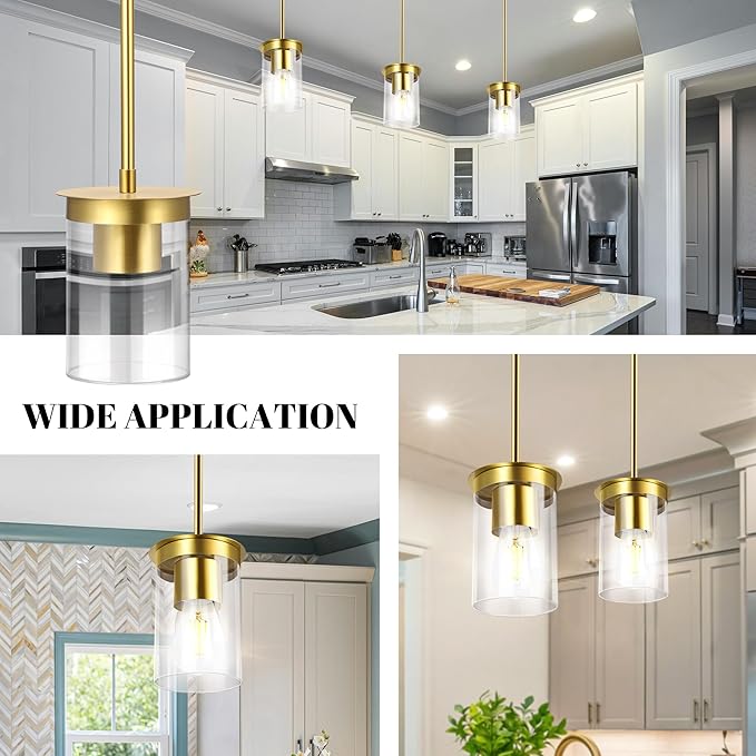 Modern Pendant Light Glass Shade, Kitchen Island Pendant Lighting with Glass Shade for Dining Room,Bedroom, Bar,Office,Farmhouse Brushed Gold,1Pack-4.72 Inch Shade 40 Inch Cord