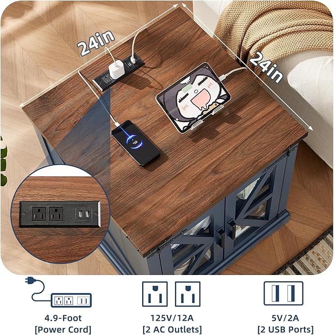 End Tables Living Room Set 3, 18'' Night Stand and 24" Square Side Table with Charger Station, Wood Furniture Sets, Nightstand Bedside End Table for Bedroom